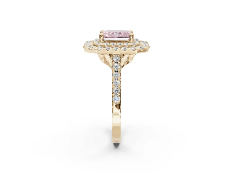 Fancy Pink Radiant Cut Lab-Grown Diamond Double Halo Statement Ring Set in Yellow Gold with Pavé Band