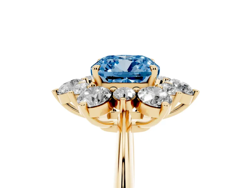 Cushion Cut Cluster Halo Engagement Ring Setting for a Fancy Blue Lab-Grown Diamond | Yellow Gold