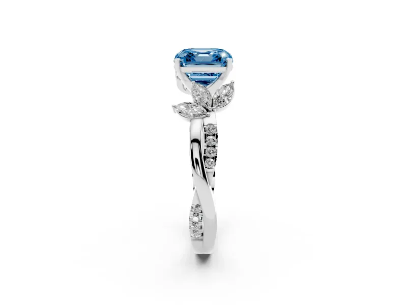 Fancy Blue Asscher Cut Diamond Floral Vine Solitaire Engagement Ring Set in Platinum with Marquise Leaves