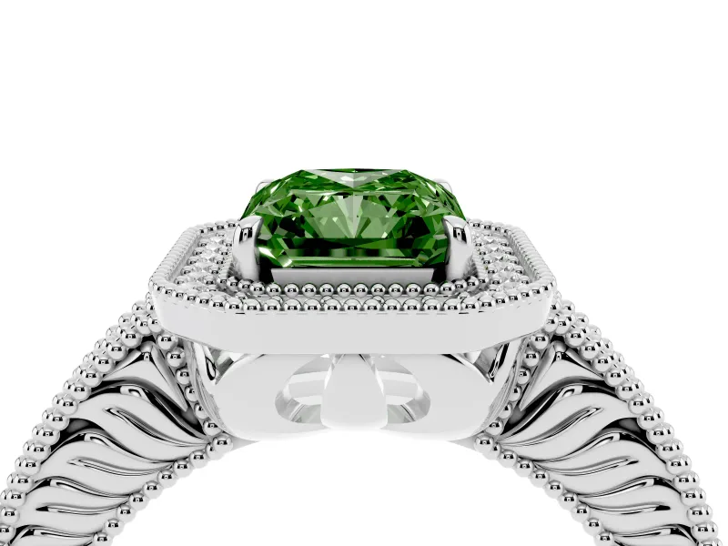 Fancy Green Radiant Cut Diamond Halo Ring Set in Platinum with Round Accent Halo, Pavé Band and Prong Setting