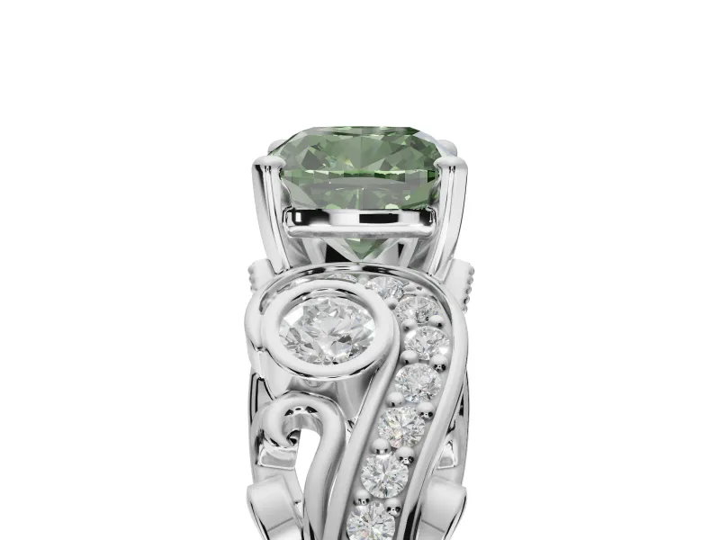 Cushion Cut Swirl Engagement Ring Setting for a Fancy Green Lab-Grown Diamond | Sterling Silver
