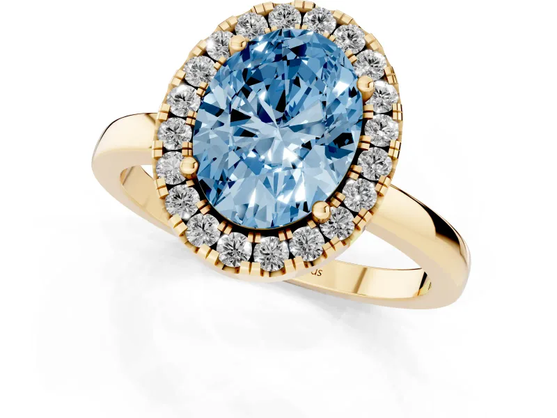 Fancy Blue Oval Cut Diamond Halo Solitaire Ring Set in Yellow gold with Pavé Band and Prong Setting