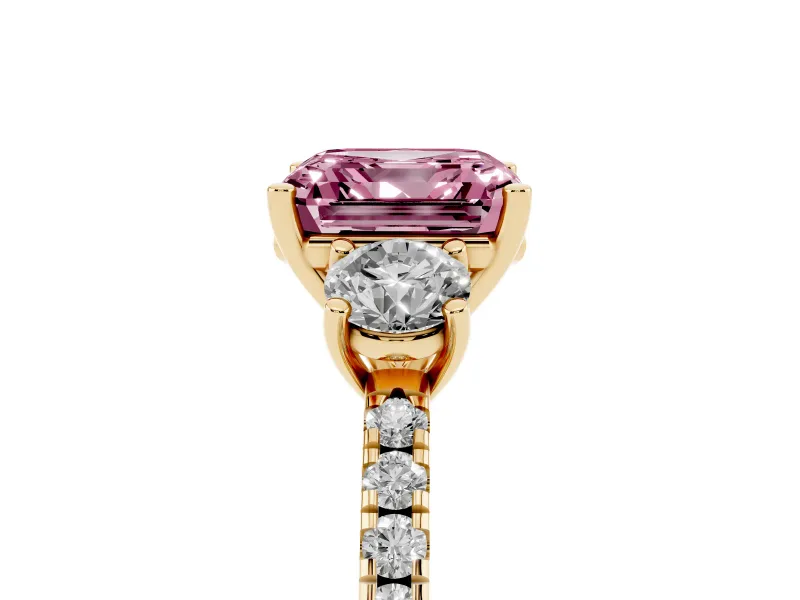 Asscher Cut Three Stone Engagement Ring Setting for a Fancy Pink Lab-Grown Diamond | Pave Shoulders | Yellow Gold