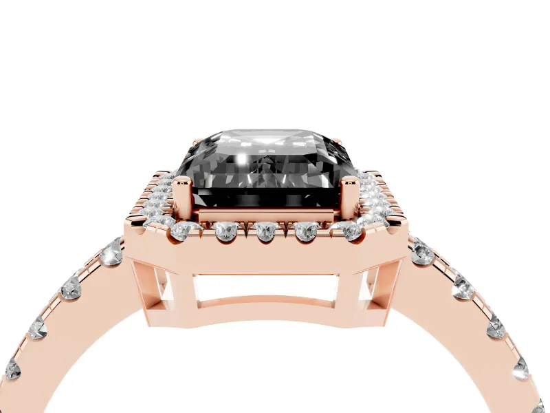 Fancy Black Emerald Cut Diamond Halo Ring Set in Rose gold with Delicate Pavé Band and Prong Setting