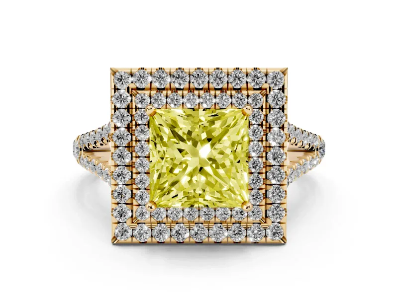 Fancy Yellow Princess Cut Diamond Double Halo Ring Set in Yellow gold with Pavé Band
