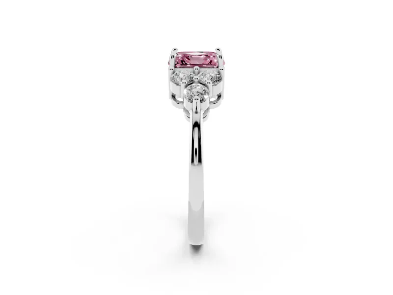 Fancy Pink Asscher Cut Diamond Solitaire Ring Set in Silver with Cluster Accents on Each Side