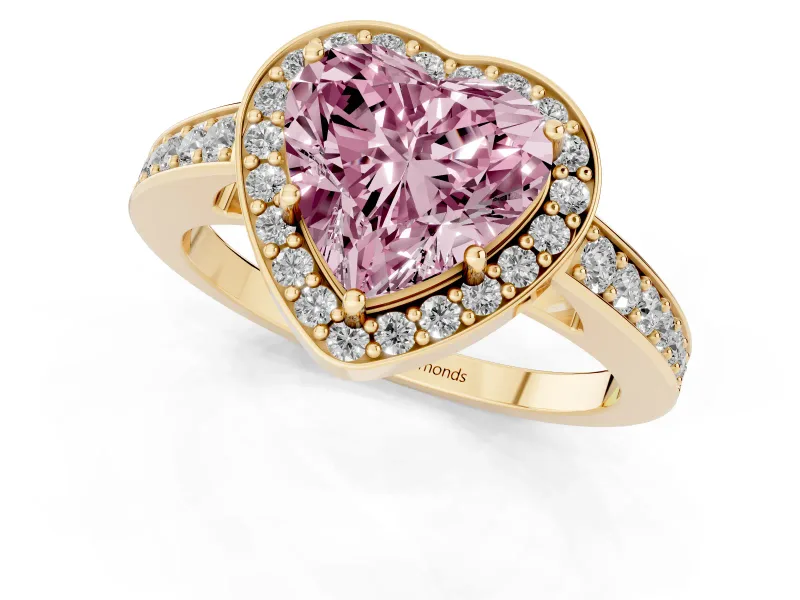 Fancy Pink Heart Cut Diamond Halo Pavé Engagement Ring Set in Yellow gold with Bezel Setting