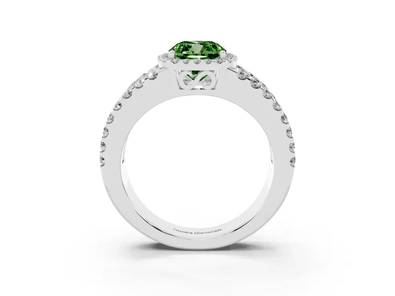 Fancy Green Cushion Cut Diamond Halo Ring Set in Silver with Pavé Split Shank and Prong Setting