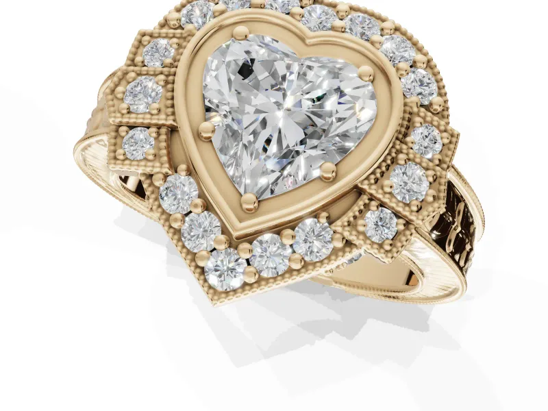 Heart-Shaped Vintage Halo Engagement Ring Setting | Art Deco Side Panels | Yellow Gold