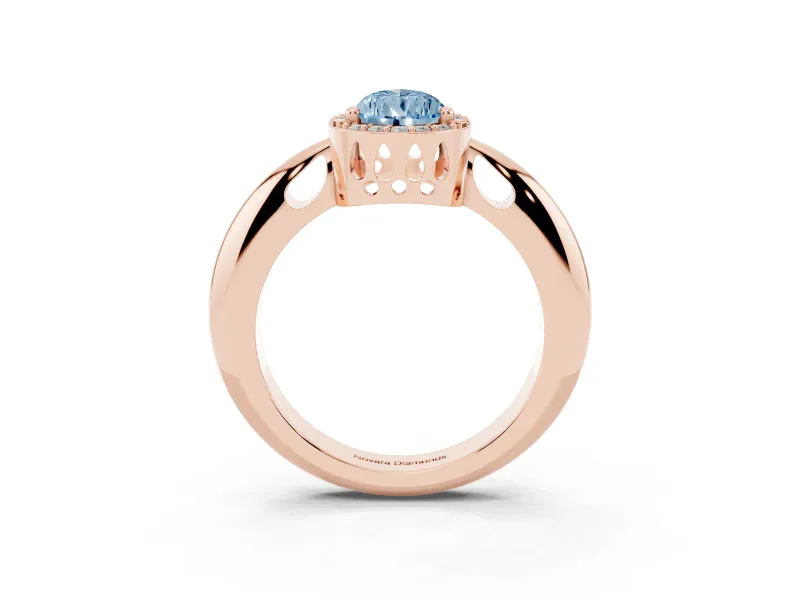 Fancy Blue Pear Cut Diamond Halo Engagement Ring Set in Rose gold with Plain Split Shank and Prong Setting