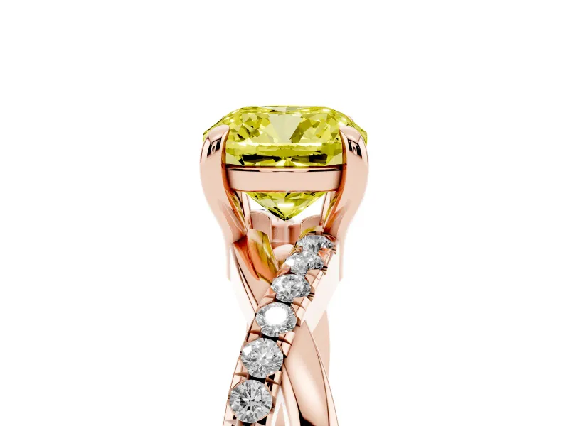 Fancy Yellow Cushion Cut Diamond Twist Band Solitaire Set in Rose gold with Pavé Accents and Prong Setting