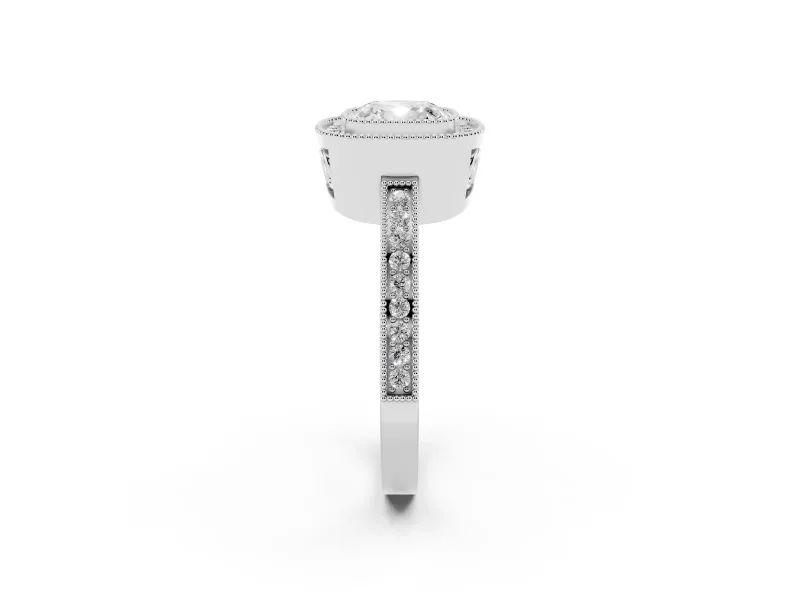 Cushion Cut Diamond Halo Ring Set in Platinum with Pavé Band and Milgrain-Edged Prongs