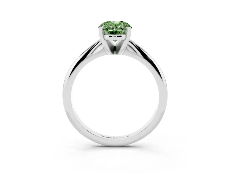 Fancy Green Oval Cut Diamond Solitaire Ring Set in Platinum with Prong Setting on a Plain Round Band