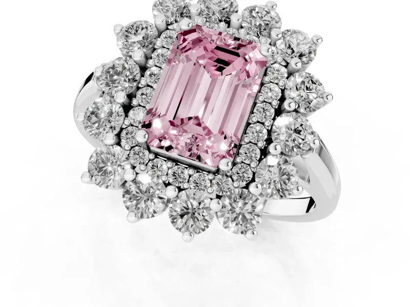 Emerald Cut Floral Double Halo Engagement Ring Setting for a Fancy Pink Lab-Grown Diamond | Plain Band | Platinum