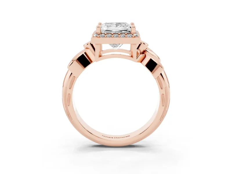 Princess Cut Floral Halo Engagement Ring Setting | Leaf Shoulders | Rose Gold