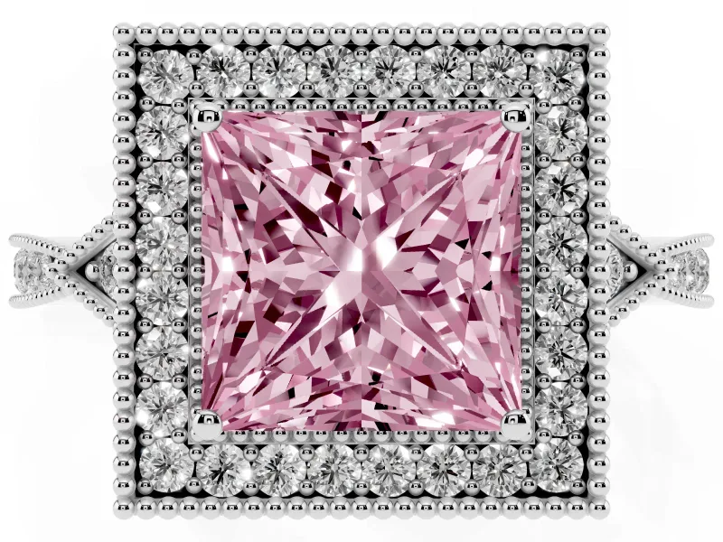 Princess Cut Milgrain Halo Engagement Ring Setting for a Fancy Pink Lab-Grown Diamond | Graduated Pavé | Platinum
