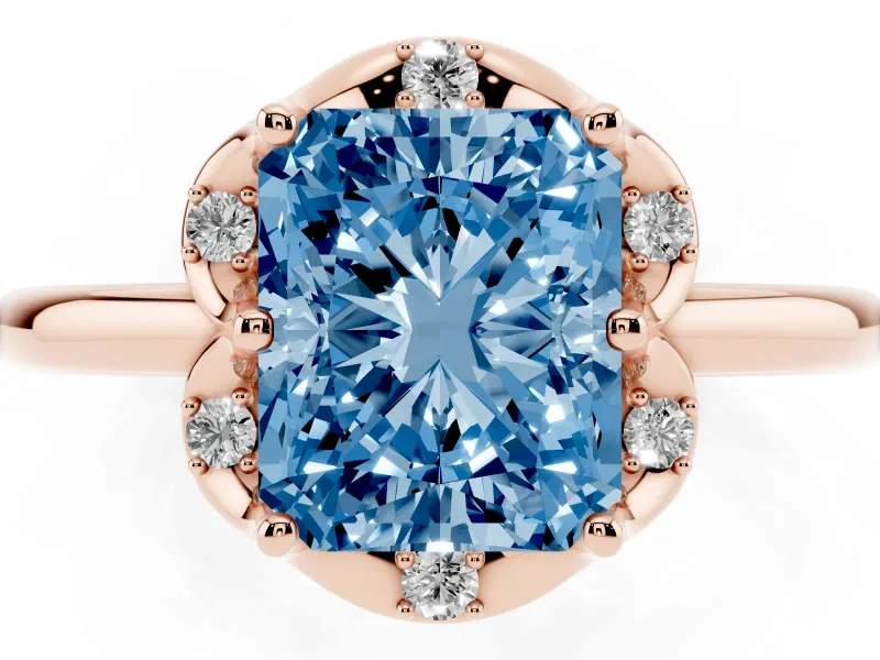 Radiant Cut Petal Halo Engagement Ring Setting for a Fancy Blue Lab-Grown Diamond | Rose Gold