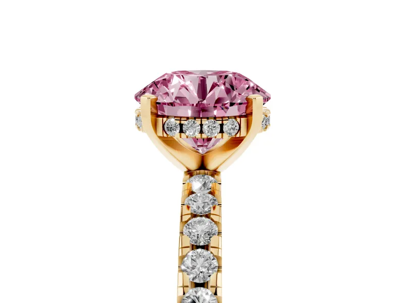 Round Hidden Halo Solitaire Engagement Ring Setting for a Fancy Pink Lab-Grown Diamond | Pave Band | Yellow Gold