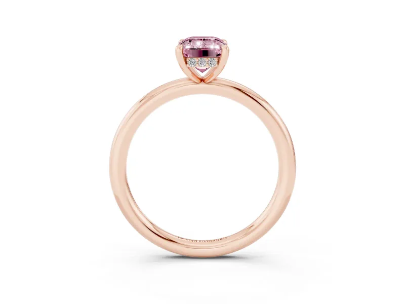 Fancy Pink Emerald Cut Diamond Solitaire Ring Set in Rose gold with Thin Band and Prong Setting