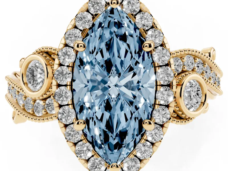 Fancy Blue Marquise Cut Diamond Halo Ring Set in Yellow gold with Milgrain Pavé Band and Prong Setting