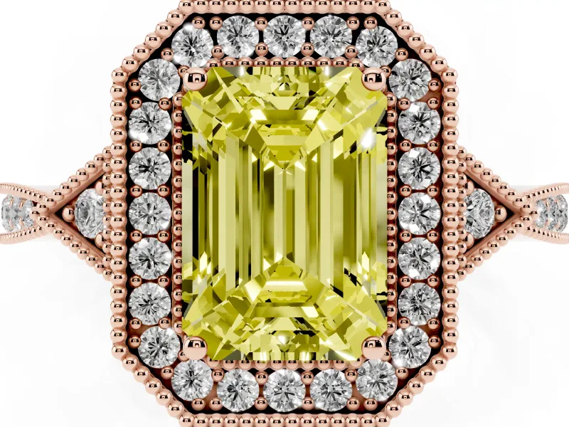 Emerald Cut Milgrain Halo Engagement Ring Setting for a Fancy Yellow Lab-Grown Diamond | Graduated Pavé | Rose Gold