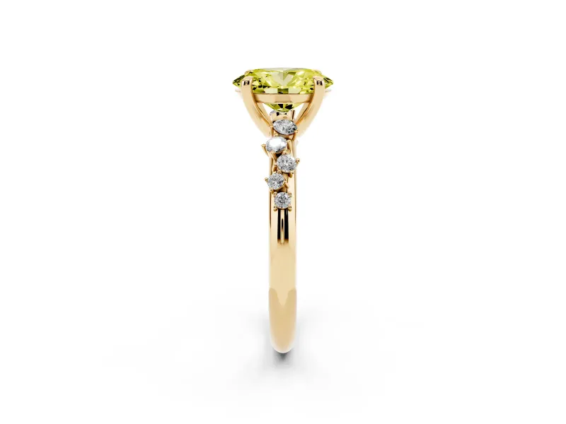 Fancy Yellow Oval Cut Diamond Solitaire Vine Band Ring Set in Yellow gold with Round Accents and Prong Setting