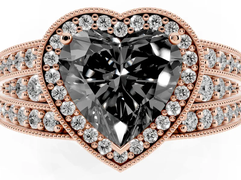Fancy Black Heart Cut Diamond Halo Ring Set in Rose gold with Accent Split Shank and Prong Setting