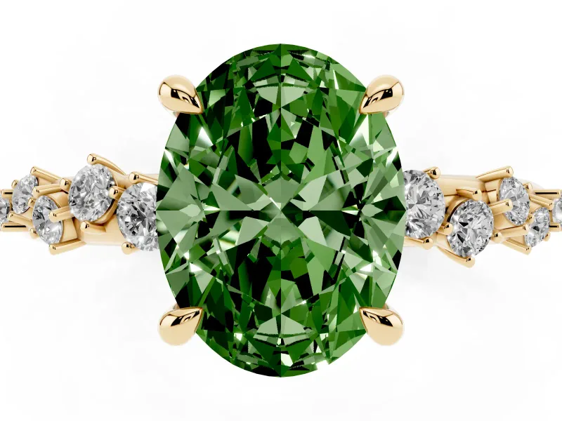 Fancy Green Oval Cut Diamond Solitaire Vine Band Ring Set in Yellow gold with Round Accents and Prong Setting