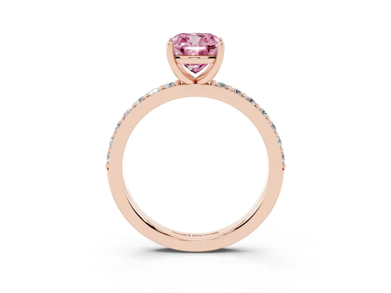 Fancy Pink Cushion Cut Diamond Solitaire Set in Rose gold with Round Pavé Band and Prong Setting