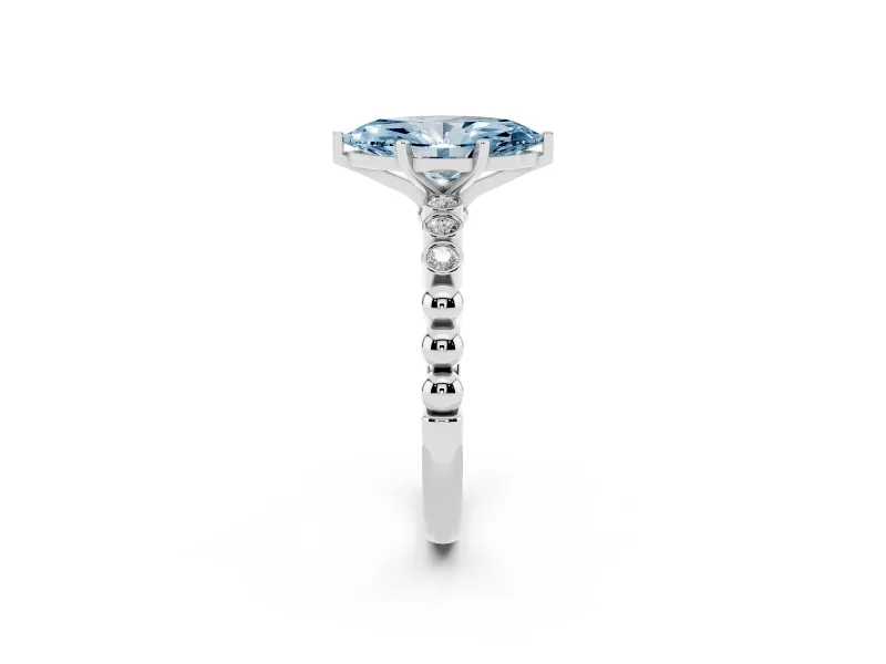 Fancy Blue Marquise Cut Diamond Solitaire Engagement Ring Set in Silver with Bezel Accents on Beaded Band