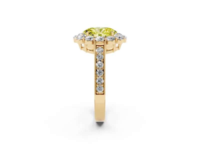 Oval Vintage Halo Engagement Ring Setting for a Fancy Yellow Lab-Grown Diamond | Milgrain Channel Band | Yellow Gold