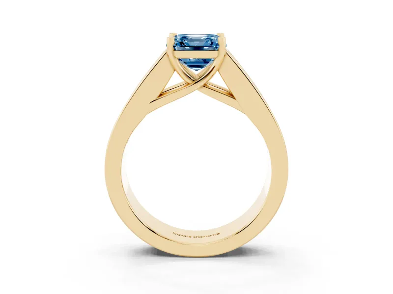 Fancy Blue Asscher Cut Diamond Solitaire Ring Set in Yellow gold with Channel-Set Accent Stones and Prong Setting
