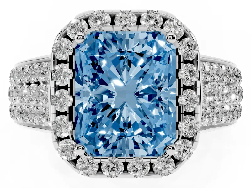 Radiant Cut Pavé Engagement Ring Setting for a Fancy Blue Lab-Grown Diamond | Wide Three-Row Band | White Gold