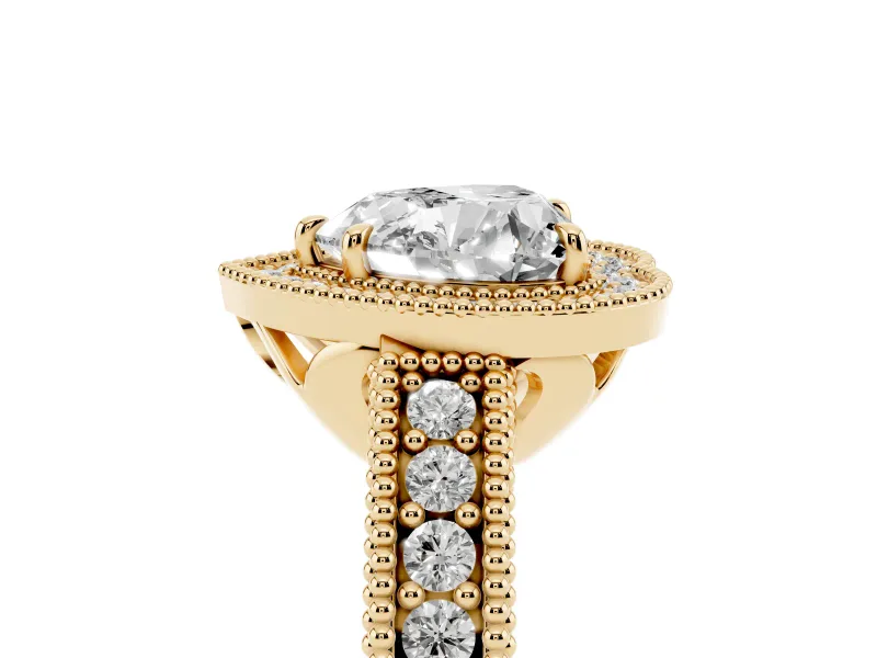 Heart-Shaped Vintage Milgrain Halo Engagement Ring Setting | Carved Leaf Detail | Yellow Gold