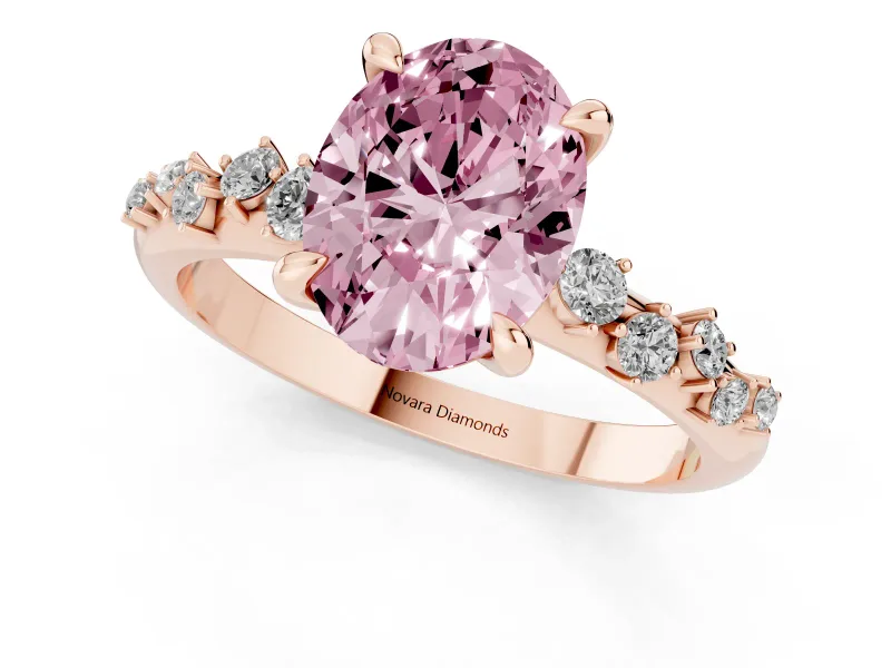 Fancy Pink Oval Cut Diamond Solitaire Vine Band Ring Set in Rose gold with Round Accents and Prong Setting