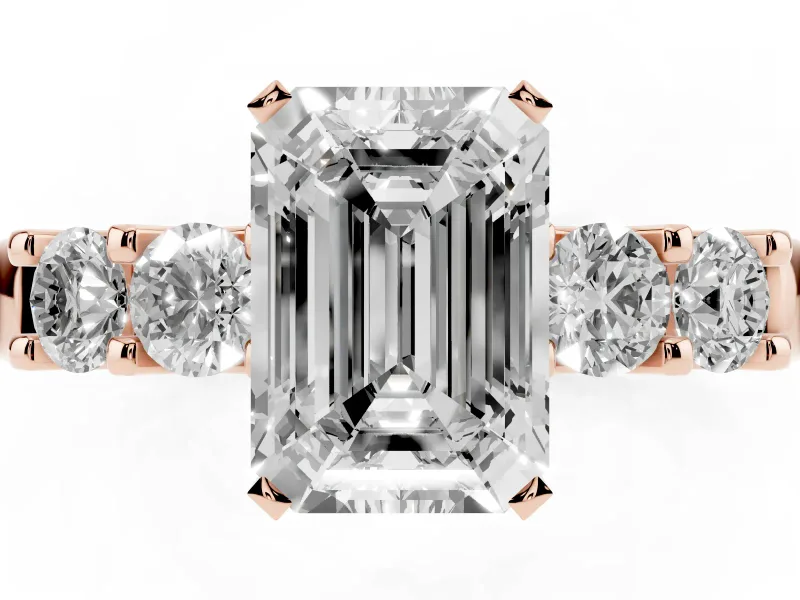 Emerald Cut Five Stone Engagement Ring Setting | Prong-Set Side Stones | Rose Gold