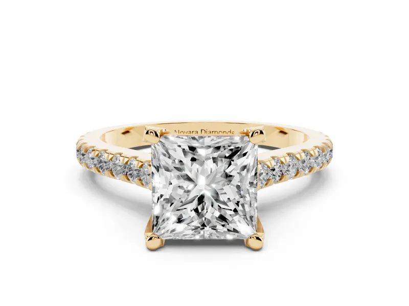 Princess Cut Diamond Solitaire Ring Set in Yellow gold with Brilliant Pavé Band and Prong Setting