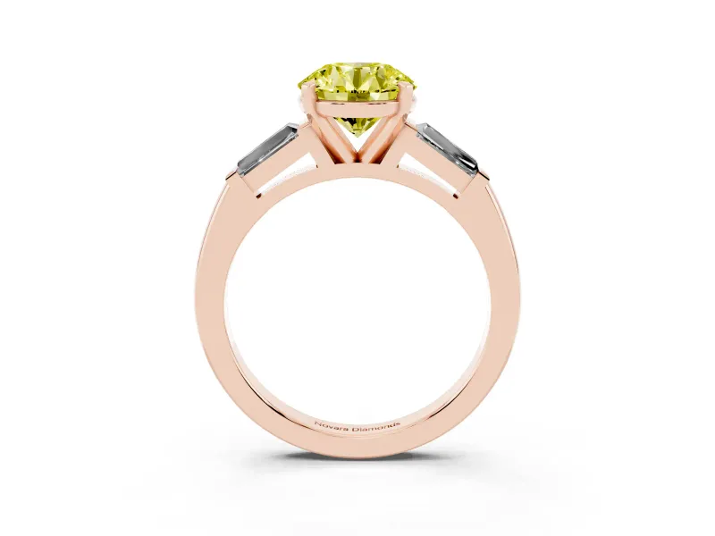 Round Three Stone Engagement Ring Setting for a Fancy Yellow Lab-Grown Diamond | Tapered Baguettes | Rose Gold