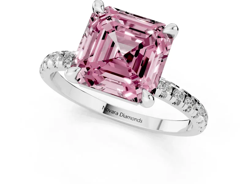 Fancy Pink Asscher Cut Diamond Brilliant Solitaire Ring Set in White gold with Pavé Band and Prong Setting
