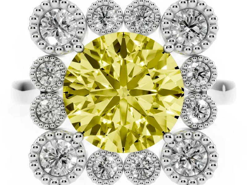 Round Milgrain Cluster Halo Engagement Ring Setting for a Fancy Yellow Lab-Grown Diamond | Plain Band | White Gold