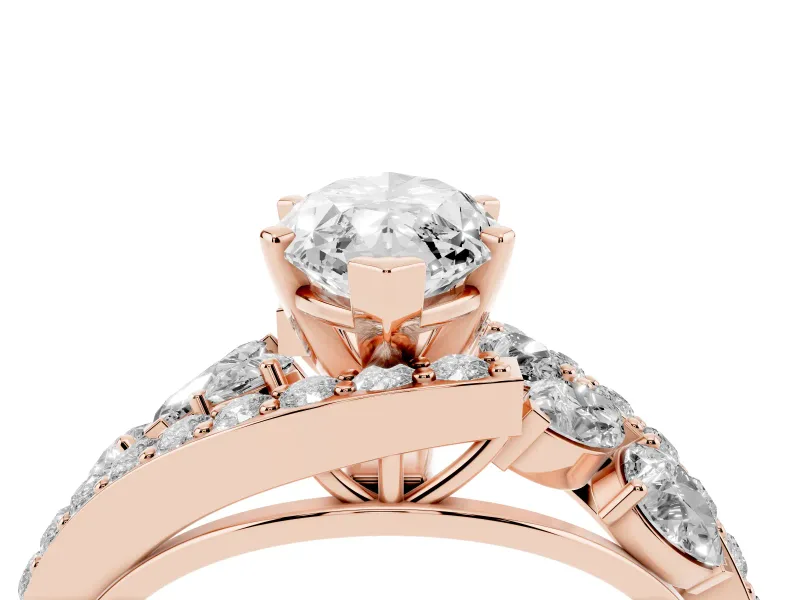 Marquise Cut Diamond Halo Ring Set in Rose gold with Marquise and Pavé Band in Prong Setting