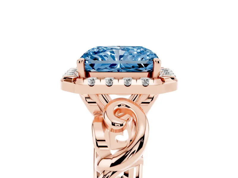 Radiant Cut Filigree Halo Engagement Ring Setting for a Fancy Blue Lab-Grown Diamond | Rose Gold
