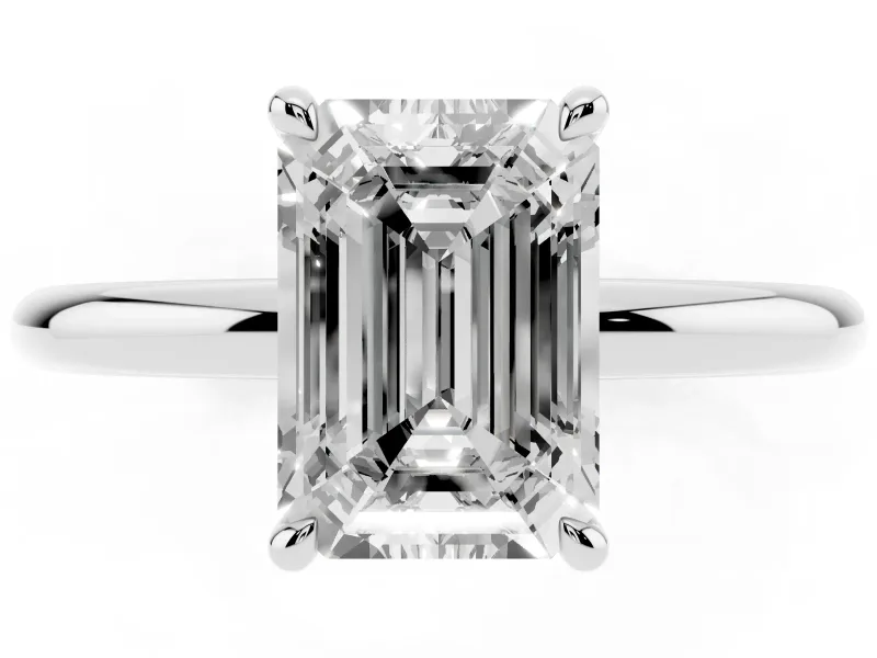 Emerald Cut Hidden Halo Engagement Ring Setting | Thin Plain Band | White Gold