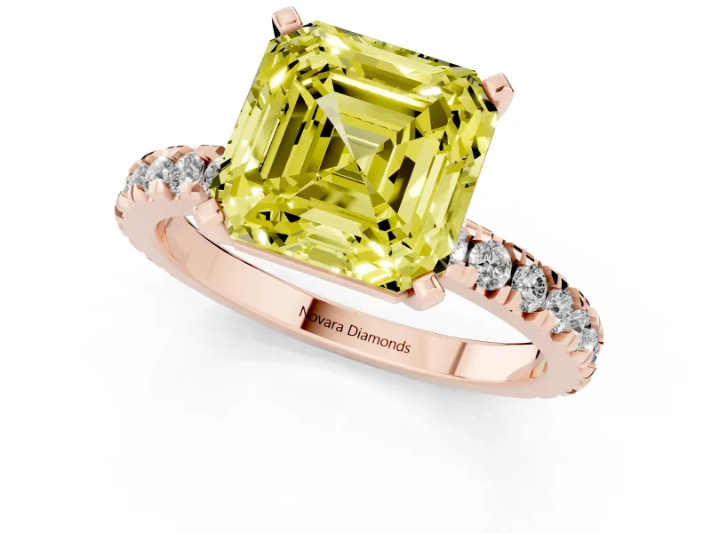 Fancy Yellow Asscher Cut Diamond Pavé Band Solitaire Set in Rose gold with Prong Setting