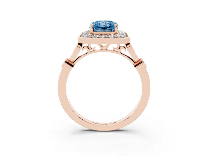 Radiant Cut Halo Engagement Ring Setting for a Fancy Blue Lab-Grown Diamond | Bezel Station Shoulders | Rose Gold