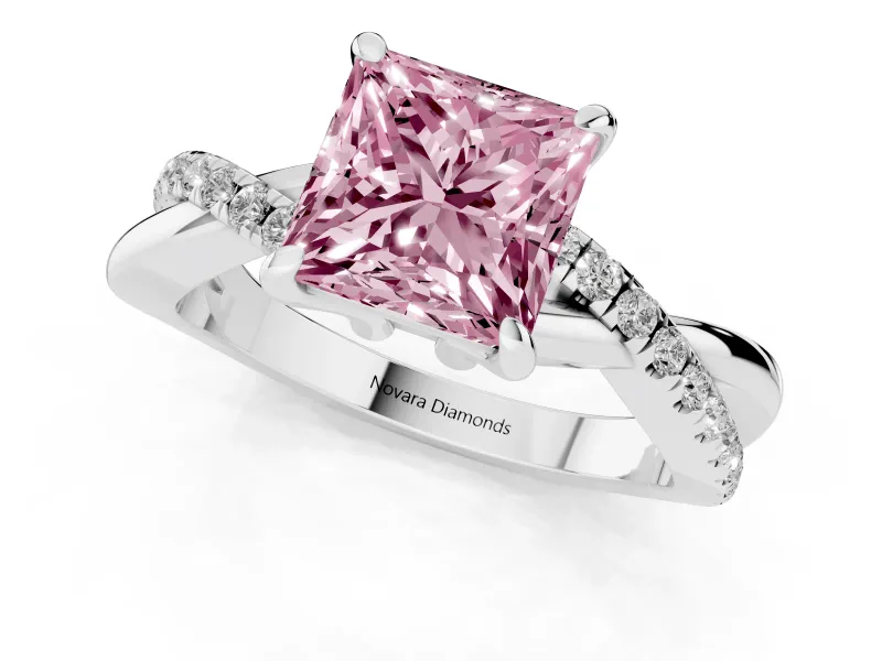 Fancy Pink Princess Cut Diamond Twist Band Solitaire Set in White gold with Pavé Accents and Prong Setting