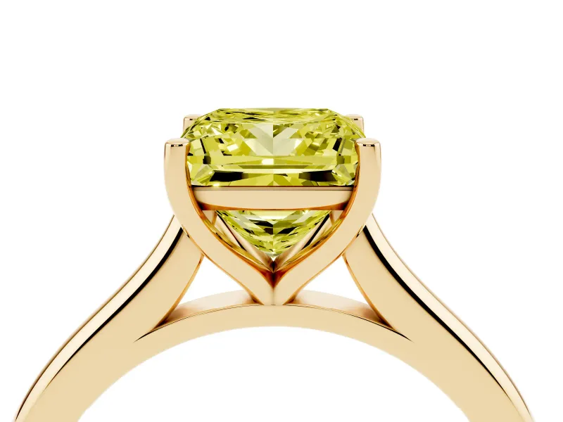 Fancy Yellow Princess Cut Diamond Solitaire Ring Set in Yellow gold with Cathedral Band and Prong Setting