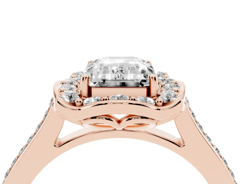 Emerald Cut Petal Tip Halo Engagement Ring Setting | Single Row Pavé Band | Rose Gold