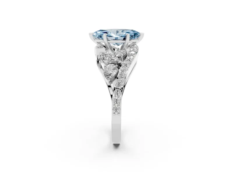 Fancy Blue Marquise Cut Diamond Halo Ring Set in White gold with Marquise and Pavé Band in Prong Setting