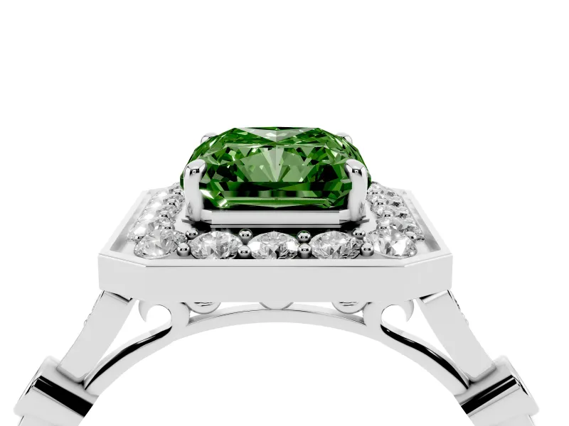 Radiant Cut Halo Engagement Ring Setting for a Fancy Green Lab-Grown Diamond | Bezel Station Shoulders | Platinum